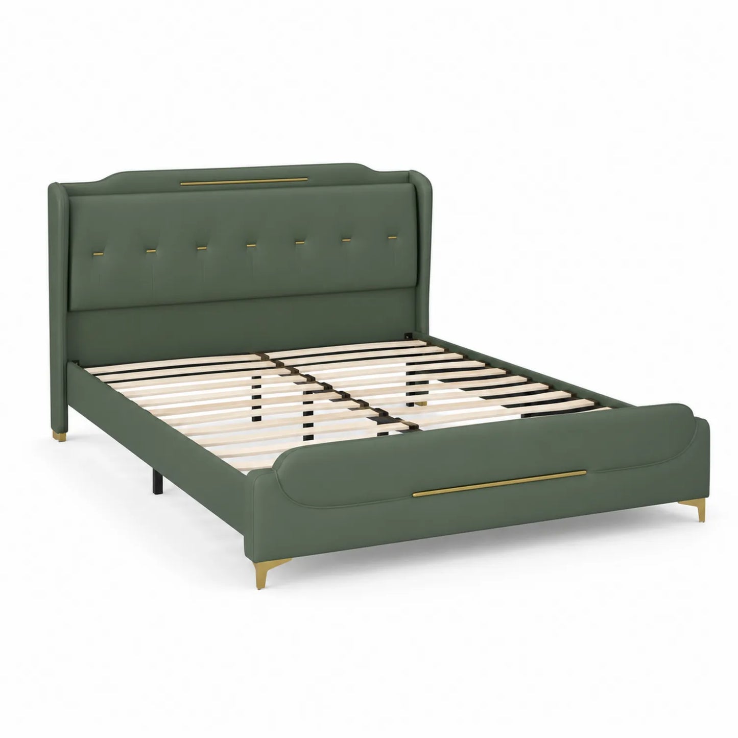 Cama de Cuero Sintético Verde con Cabecero Acolchado y Patas Metálicas