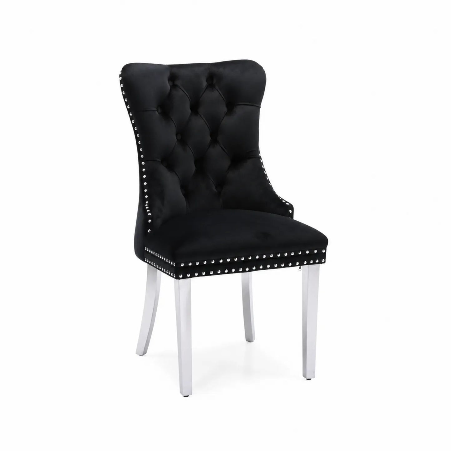 Silla de terciopelo negro con patas metálicas