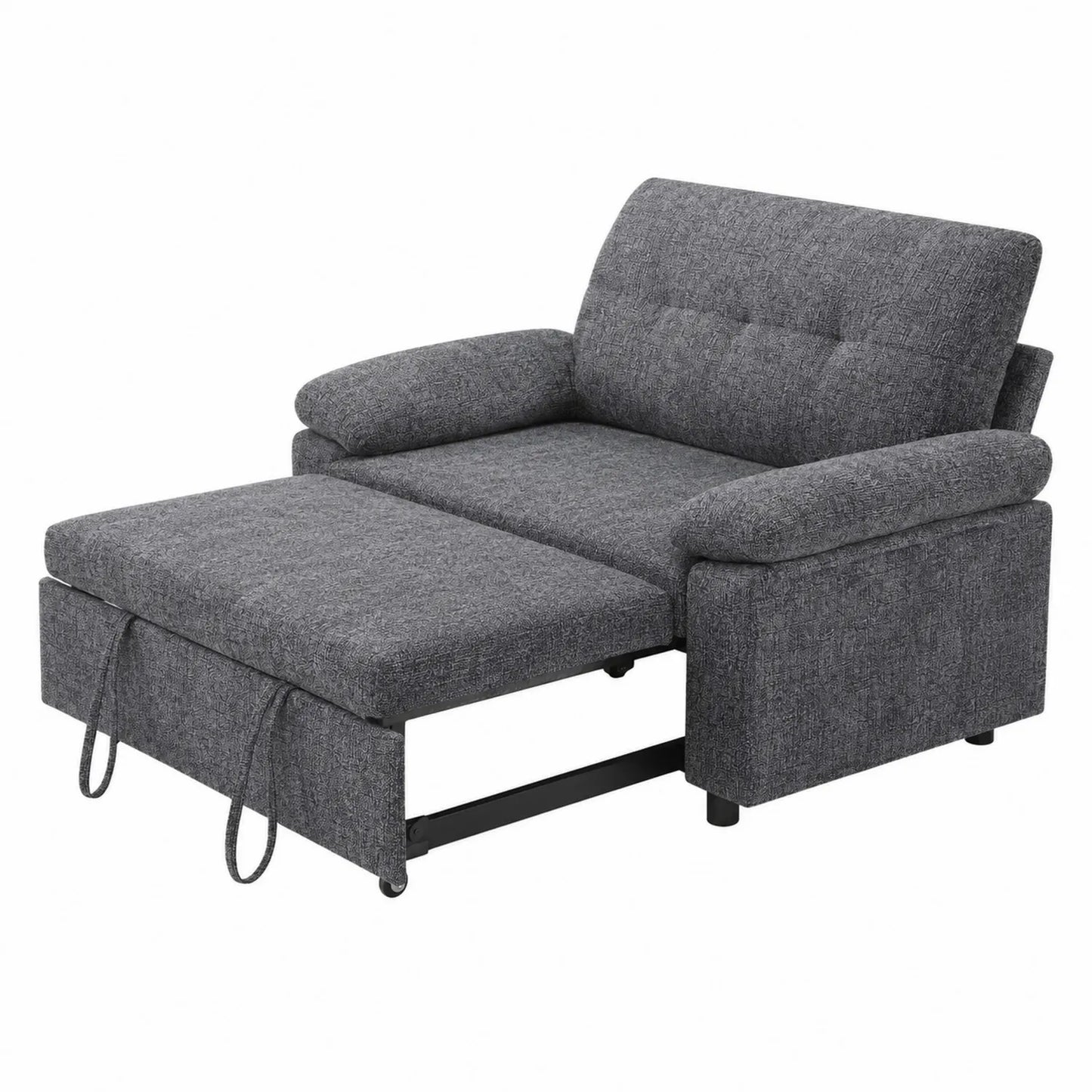 Sofá cama individual de tela gris con estructura de metal