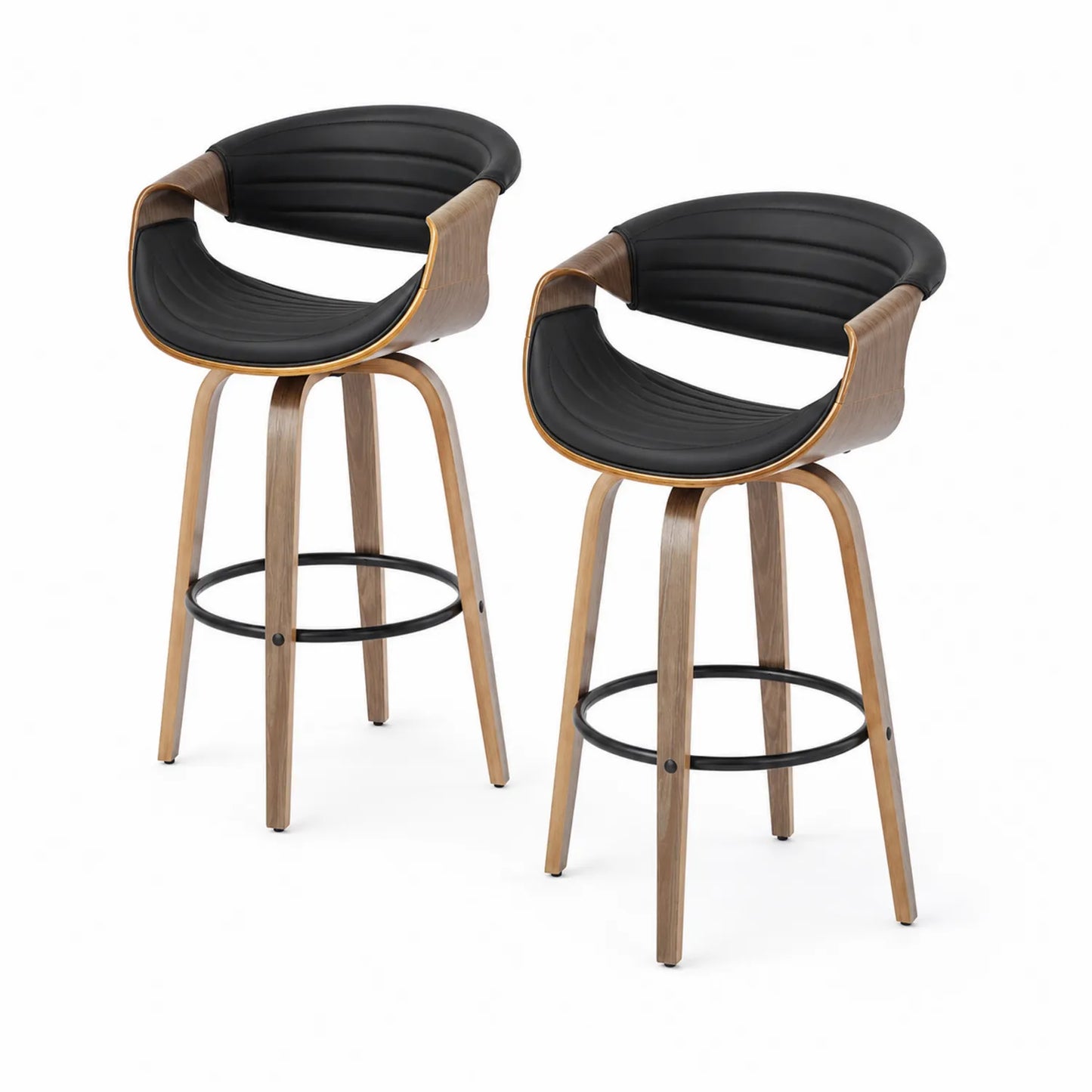 Set de 2 taburetes de madera con asiento de cuero sintético negro
