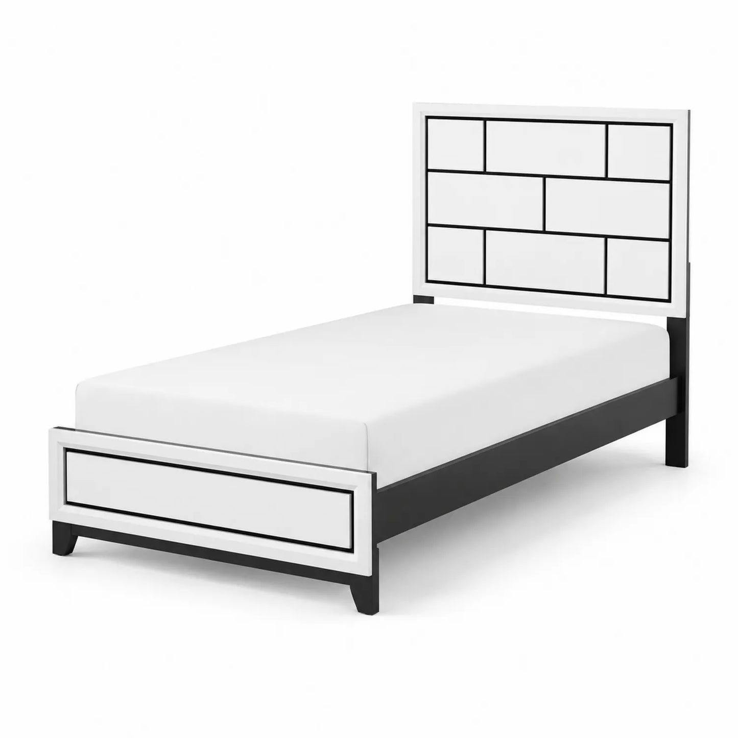 Cama individual de metal en blanco y negro con cabecero panelado 200x90 cm