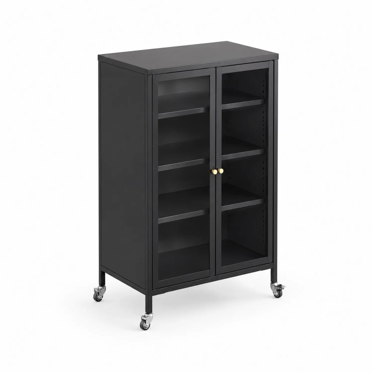 Armario de metal negro con puertas de vidrio templado y ruedas 120 cm