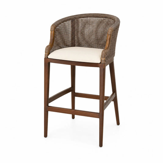 Taburete de barra de mimbre y madera marrón con asiento crema