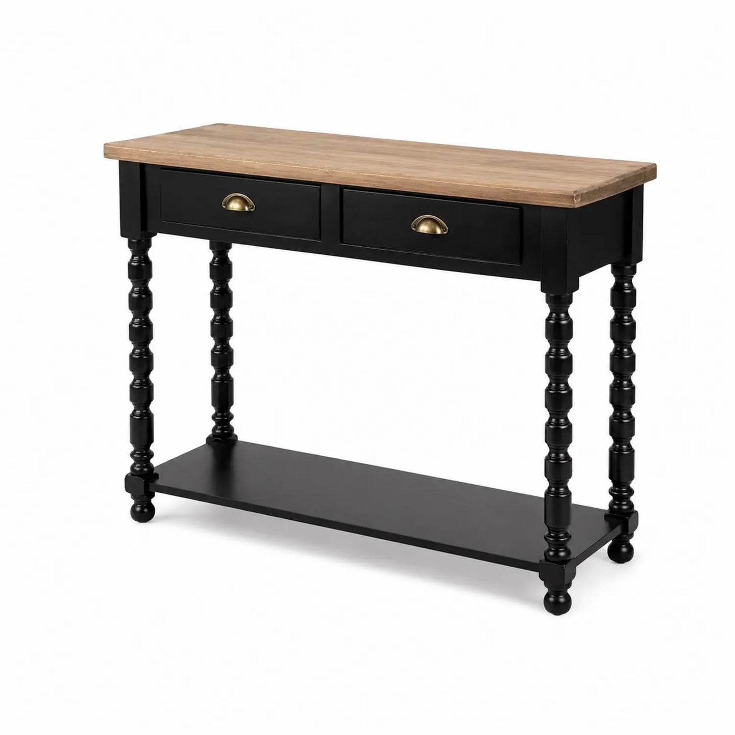 Mesa consola de madera y metal con cajones y estante inferior