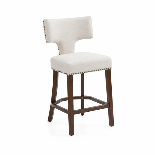 Taburete de tela crema con estructura de madera maciza