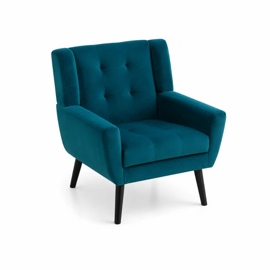 Sillón de tela azul con patas de madera