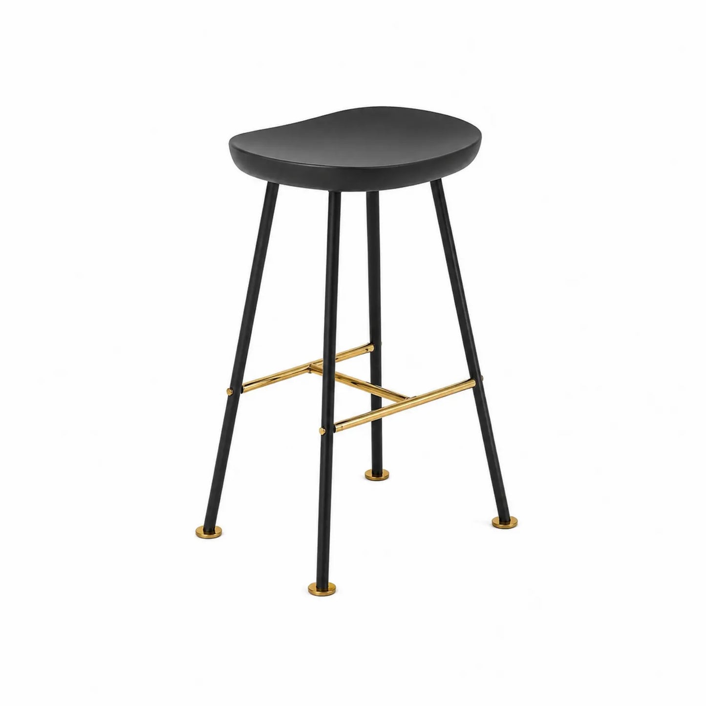 Taburete de metal negro con detalles dorados y asiento curvado