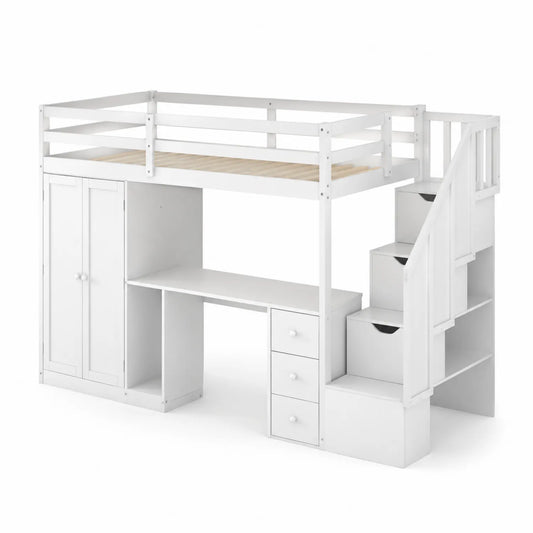 Cama alta blanca de madera con escritorio y almacenamiento