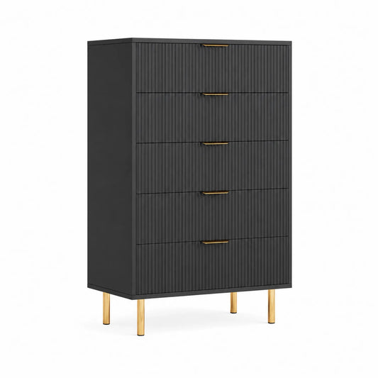 Cómoda alta de MDF negro con 5 cajones y patas metálicas doradas