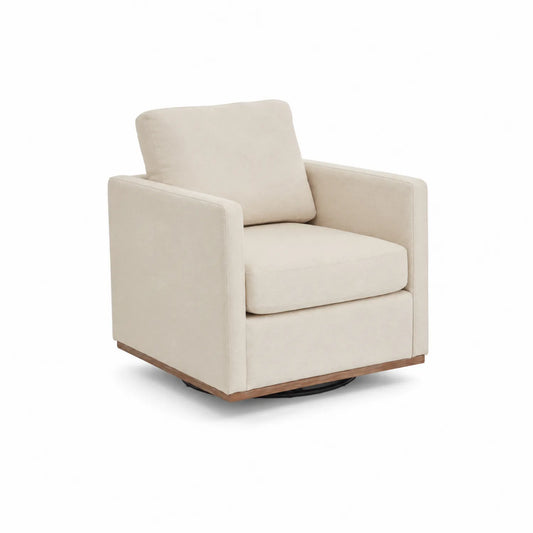 Sillón Giratorio de Microfibra Beige con Base de Madera