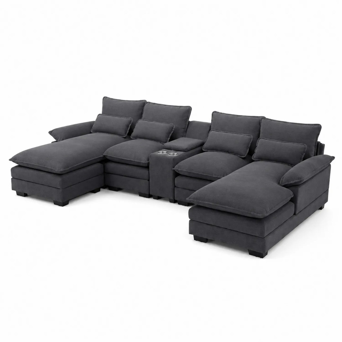 Sofá modular en U de tela gris oscuro con chaise longue y portavasos