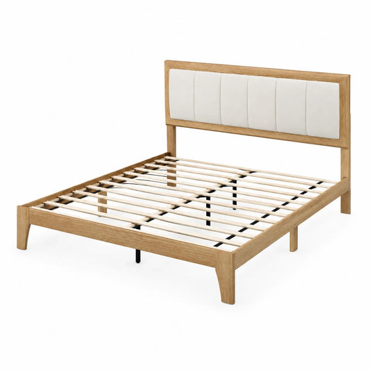 Cama de madera de roble con cabecera tapizada en beige 200x160 cm