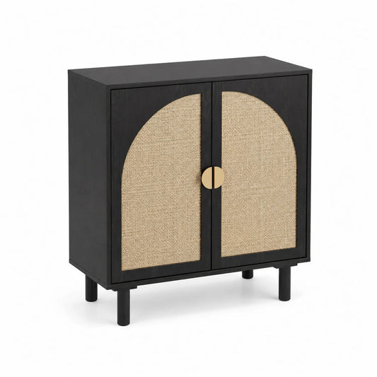 Armario de madera y fibra natural con manijas de metal 80x35x90 cm