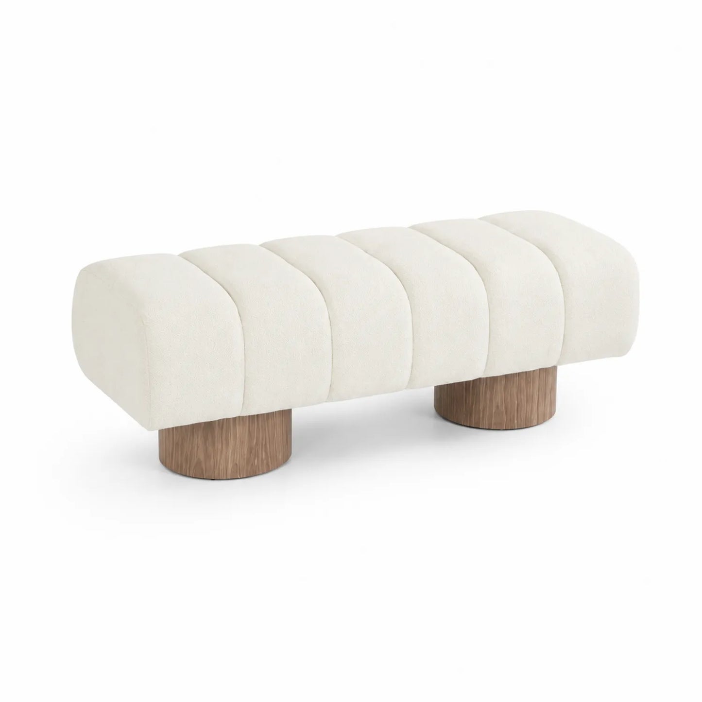 Banco de tela beige con patas de madera