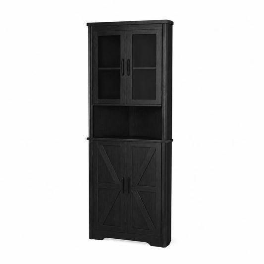 Armario esquinero de madera negra con puertas de vidrio templado