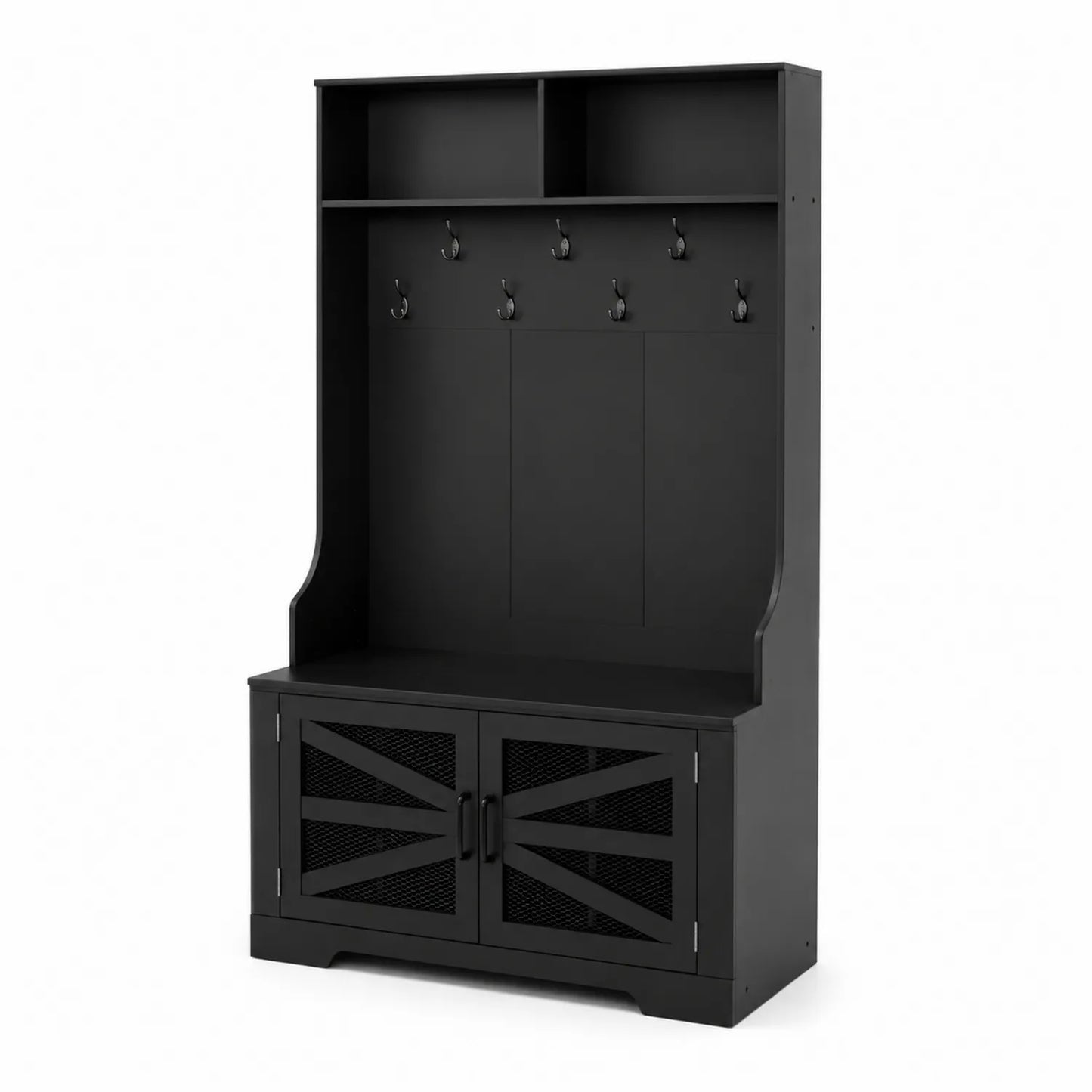 Perchero de Madera Negra con Ganchos y Almacenamiento