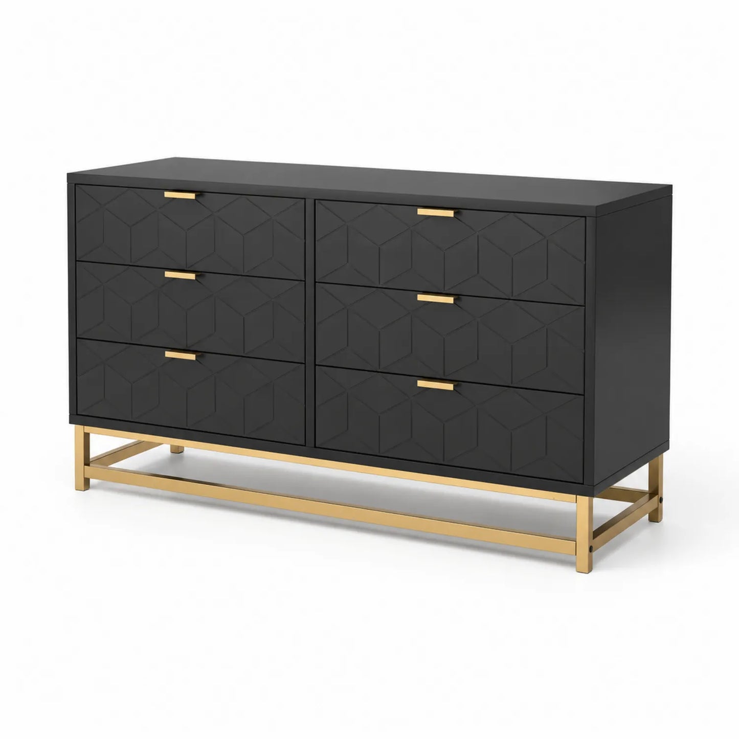 Cómoda de 6 cajones de madera negra y metal dorado