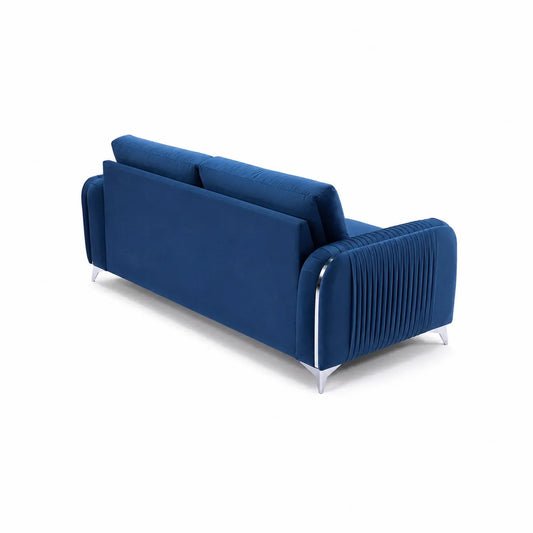 Sofá de salón azul con estructura de madera y patas de acero