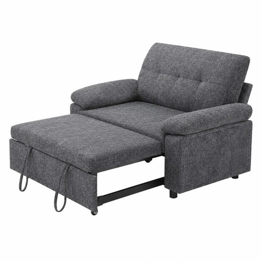 Sofá cama individual de tela gris con estructura de metal