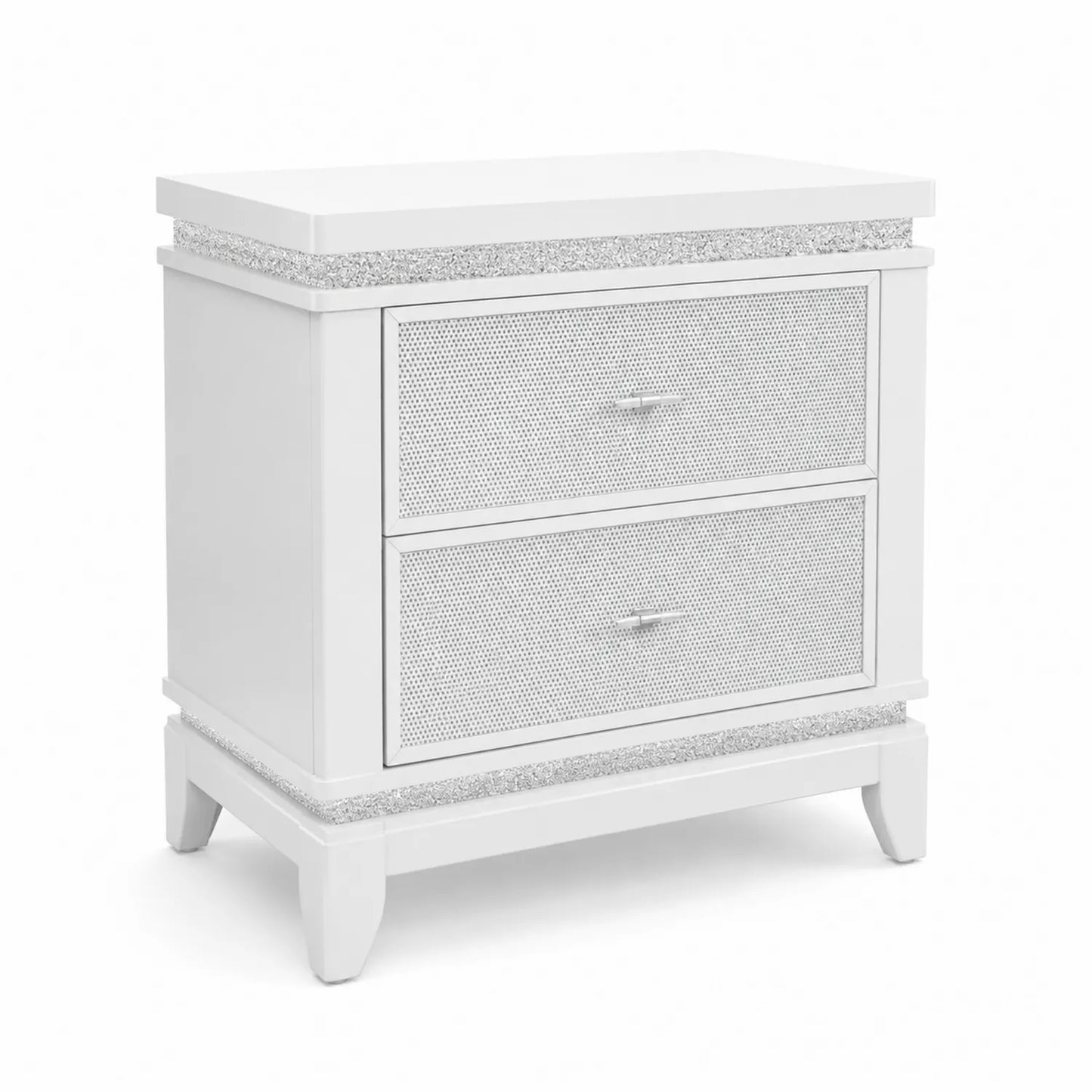 Mesita de noche de madera y detalles de cristal blanca