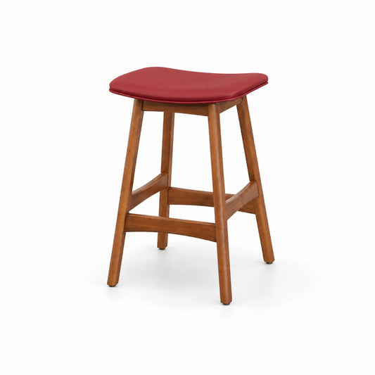 Taburete de Madera con Asiento de Cuero Sintético Rojo