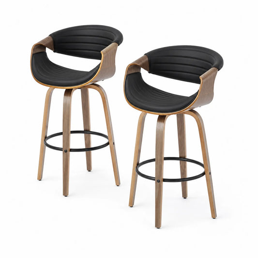Set de 2 taburetes de madera con asiento de cuero sintético negro
