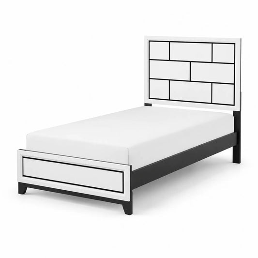 Cama individual de metal en blanco y negro con cabecero panelado 200x90 cm