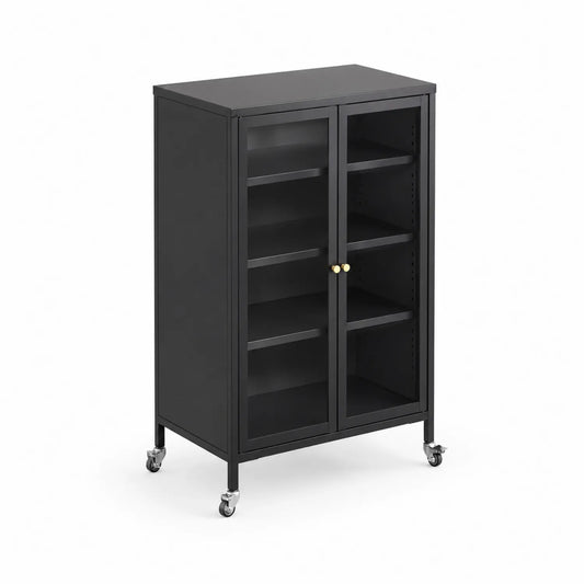 Armario de metal negro con puertas de vidrio templado y ruedas 120 cm