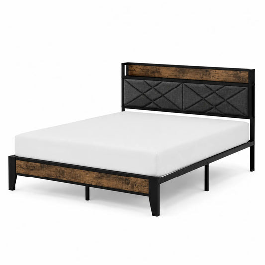 Cama de matrimonio con cabecero de lino negro, metal y madera