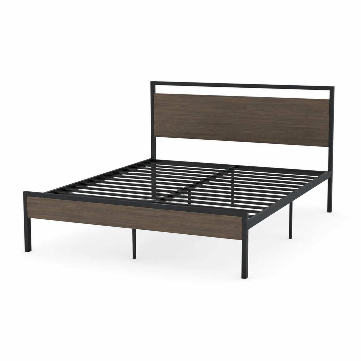 Cama doble de metal y madera negra y marrón