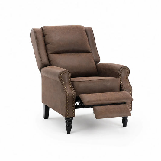 Sillón reclinable de piel sintética marrón con remaches