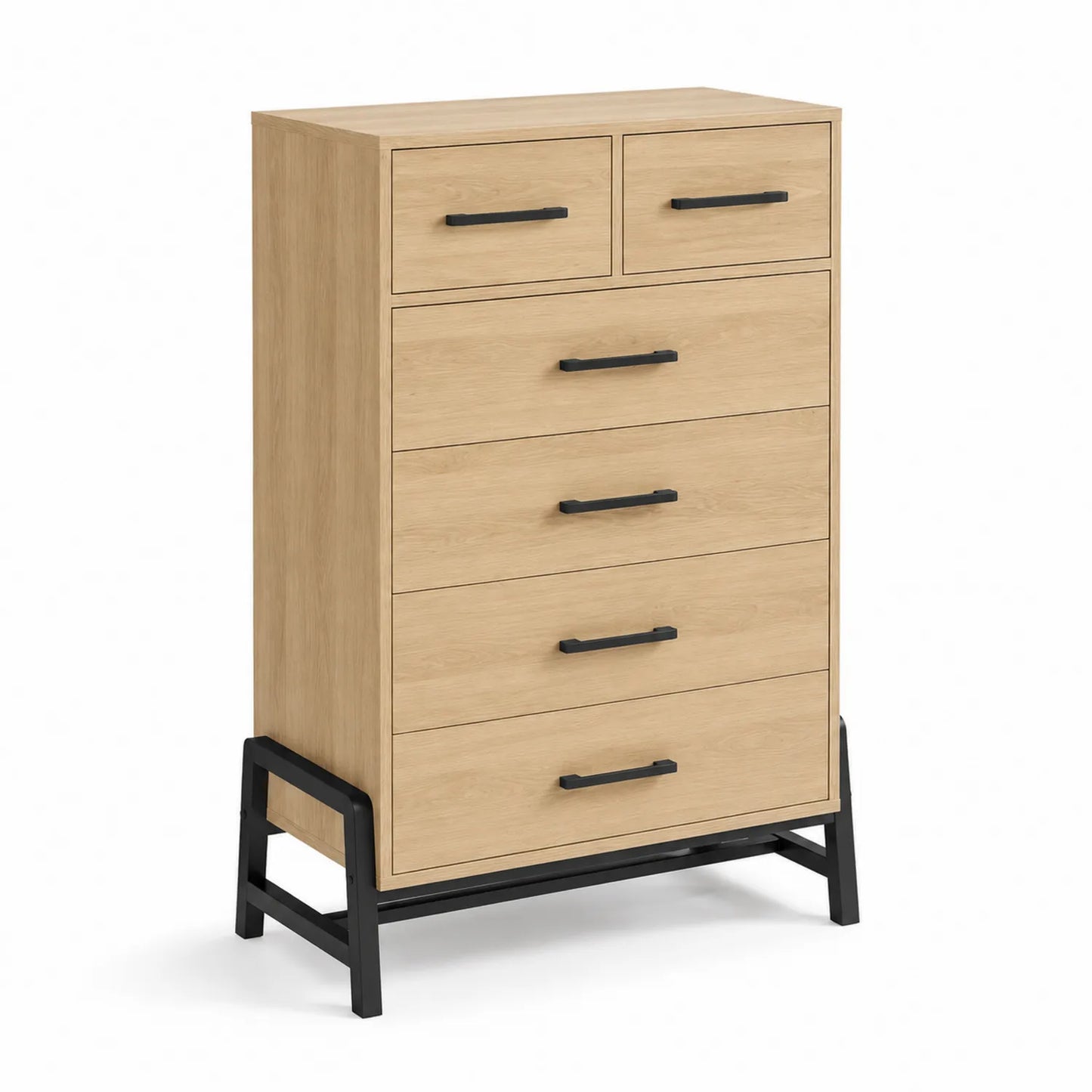Cómoda de madera de roble con 6 cajones y base de metal negra